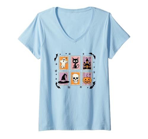 Damen Halloween Geist Katze Spukhaus Kürbis T-Shirt mit V-Ausschnitt Damen Halloween Geist Katze Spukhaus Kürbis T-Shirt mit V-Ausschnitt von Halloween Ghost Cat Haunted House Witch