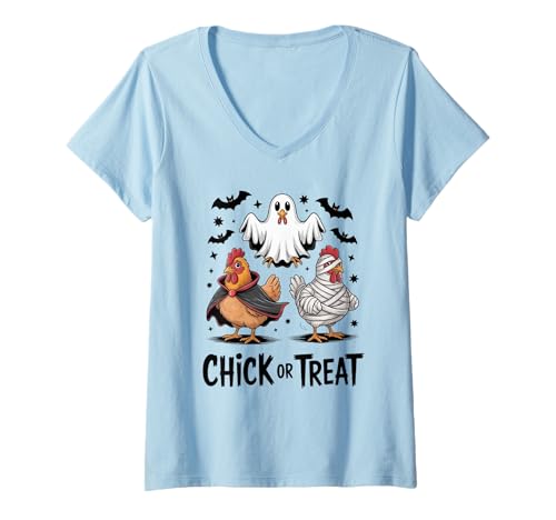 Damen Lustiges Küken oder Leckerli Halloween Gruseljahresgeschenk Männer Frauen T-Shirt mit V-Ausschnitt Damen Lustiges Küken oder Leckerli Halloween Gruseljahresgeschenk Männer Frauen T-Shirt mit V-Ausschnitt von Halloween Ghost Chicken Fall Vibes Graphic Design