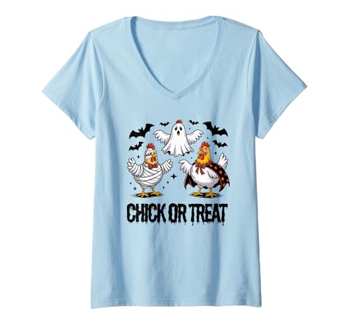 Damen Lustiges Küken oder Leckerli Halloween Gruseljahresgeschenk Männer Frauen T-Shirt mit V-Ausschnitt Damen Lustiges Küken oder Leckerli Halloween Gruseljahresgeschenk Männer Frauen T-Shirt mit V-Ausschnitt von Halloween Ghost Chicken Fall Vibes Graphic Design