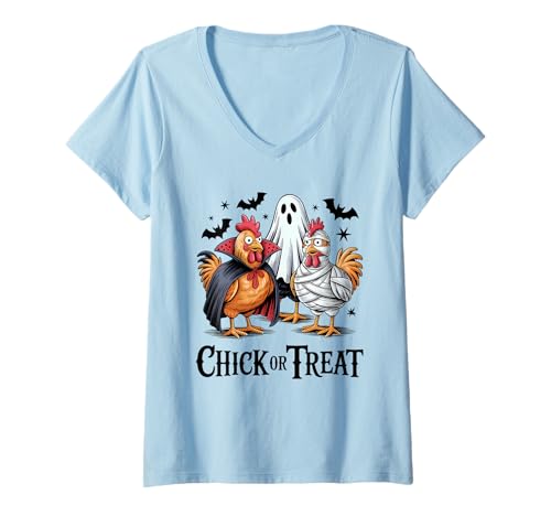 Damen Lustiges Küken oder Leckerli Halloween Gruseljahresgeschenk Männer Frauen T-Shirt mit V-Ausschnitt von Halloween Ghost Chicken Fall Vibes Graphic Design