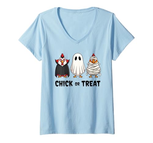 Damen Lustiges Küken oder Leckerli Halloween Gruseljahresgeschenk Männer Frauen T-Shirt mit V-Ausschnitt Damen Lustiges Küken oder Leckerli Halloween Gruseljahresgeschenk Männer Frauen T-Shirt mit V-Ausschnitt von Halloween Ghost Chicken Fall Vibes Graphic Design