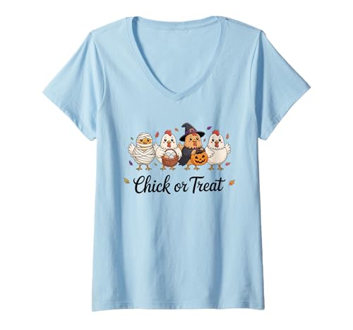 Damen Lustiges Küken oder Leckerli Halloween Gruseljahresgeschenk Männer Frauen T-Shirt mit V-Ausschnitt Damen Lustiges Küken oder Leckerli Halloween Gruseljahresgeschenk Männer Frauen T-Shirt mit V-Ausschnitt von Halloween Ghost Chicken Fall Vibes Graphic Design