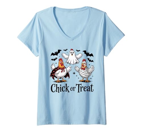 Damen Lustiges Küken oder Leckerli Halloween Gruseljahresgeschenk Männer Frauen T-Shirt mit V-Ausschnitt Damen Lustiges Küken oder Leckerli Halloween Gruseljahresgeschenk Männer Frauen T-Shirt mit V-Ausschnitt von Halloween Ghost Chicken Fall Vibes Graphic Design