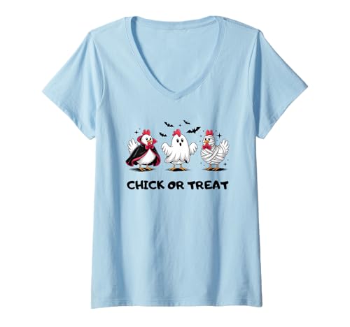 Damen Lustiges Küken oder Leckerli Halloween Gruseljahresgeschenk Männer Frauen T-Shirt mit V-Ausschnitt Damen Lustiges Küken oder Leckerli Halloween Gruseljahresgeschenk Männer Frauen T-Shirt mit V-Ausschnitt von Halloween Ghost Chicken Fall Vibes Graphic Design