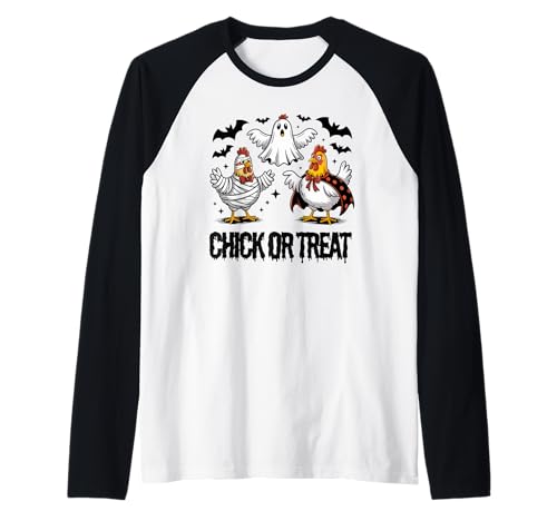 Lustiges Küken oder Leckerli Halloween Gruseljahresgeschenk Männer Frauen Raglan von Halloween Ghost Chicken Fall Vibes Graphic Design