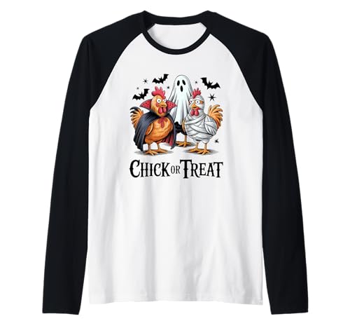 Lustiges Küken oder Leckerli Halloween Gruseljahresgeschenk Männer Frauen Raglan von Halloween Ghost Chicken Fall Vibes Graphic Design