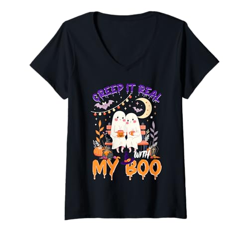Damen Cute Ghost Couple Halloween Creep It Real with My Boo T-Shirt mit V-Ausschnitt Damen Cute Ghost Couple Halloween Creep It Real with My Boo T-Shirt mit V-Ausschnitt von Halloween Ghost Couple Boo Costume