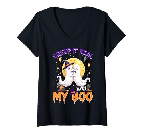 Damen Cute Ghost Couple Halloween Creep It Real with My Boo T-Shirt mit V-Ausschnitt Damen Cute Ghost Couple Halloween Creep It Real with My Boo T-Shirt mit V-Ausschnitt von Halloween Ghost Couple Boo Costume
