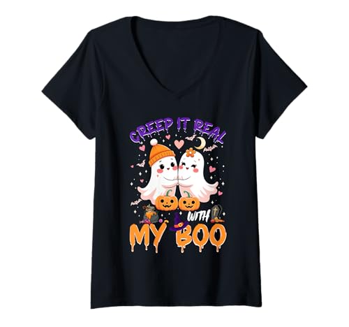 Damen Cute Ghost Couple Halloween Creep It Real with My Boo T-Shirt mit V-Ausschnitt Damen Cute Ghost Couple Halloween Creep It Real with My Boo T-Shirt mit V-Ausschnitt von Halloween Ghost Couple Boo Costume