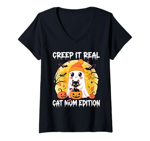 Damen Cute Ghost Couple Halloween Creep It Real with My Boo T-Shirt mit V-Ausschnitt Damen Cute Ghost Couple Halloween Creep It Real with My Boo T-Shirt mit V-Ausschnitt von Halloween Ghost Couple Boo Costume