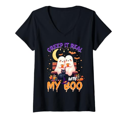 Damen Cute Ghost Couple Halloween Creep It Real with My Boo T-Shirt mit V-Ausschnitt Damen Cute Ghost Couple Halloween Creep It Real with My Boo T-Shirt mit V-Ausschnitt von Halloween Ghost Couple Boo Costume