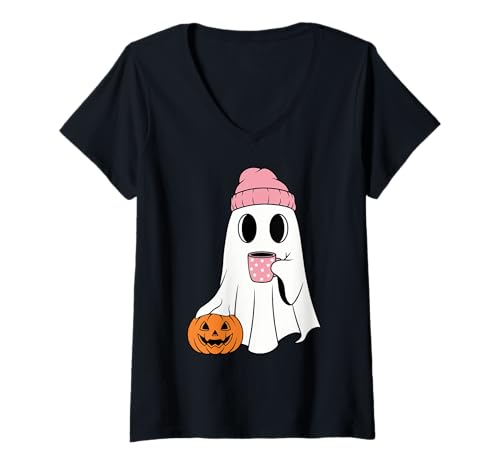 Damen Geist trinkt Kaffee Eiskaffee Halloween Lustiger Ghul T-Shirt mit V-Ausschnitt von Halloween Ghost Drinking Coffee Cute Ghost Boo