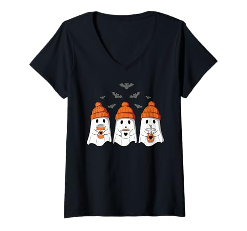 Damen Geist trinkt Kaffee Eiskaffee Kürbis Halloween Herbst T-Shirt mit V-Ausschnitt Damen Geist trinkt Kaffee Eiskaffee Kürbis Halloween Herbst T-Shirt mit V-Ausschnitt von Halloween Ghost Drinking Coffee Cute Ghost Boo