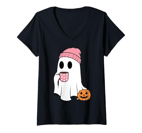 Damen Geist trinkt Kaffee Eiskaffee Lustiges Halloween T-Shirt mit V-Ausschnitt Damen Geist trinkt Kaffee Eiskaffee Lustiges Halloween T-Shirt mit V-Ausschnitt von Halloween Ghost Drinking Coffee Cute Ghost Boo