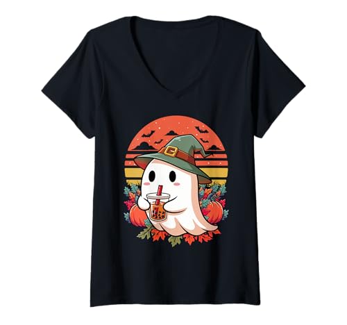 Damen Ghost Drinking Bubble Tea Boba Milchtee Retro Halloween T-Shirt mit V-Ausschnitt Damen Ghost Drinking Bubble Tea Boba Milchtee Retro Halloween T-Shirt mit V-Ausschnitt von Halloween Ghost Drinking Coffee Cute Ghost Boo