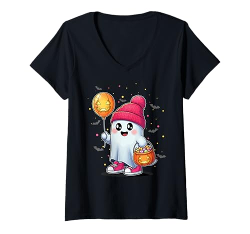 Damen Ghost Holding Candy Halloween Kürbis Trick Or Treating T-Shirt mit V-Ausschnitt Damen Ghost Holding Candy Halloween Kürbis Trick Or Treating T-Shirt mit V-Ausschnitt von Halloween Ghost Drinking Coffee Cute Ghost Boo