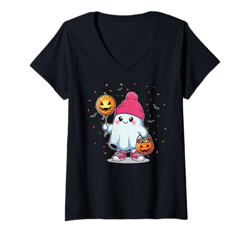 Damen Ghost Holding Candy Trick Or Treating Halloween Kürbis T-Shirt mit V-Ausschnitt Damen Ghost Holding Candy Trick Or Treating Halloween Kürbis T-Shirt mit V-Ausschnitt von Halloween Ghost Drinking Coffee Cute Ghost Boo