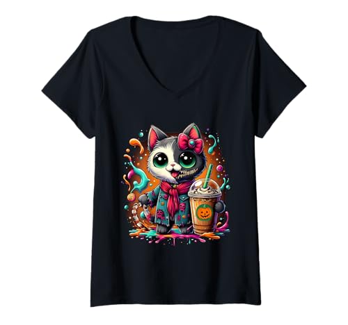Damen Halloween Creepy Zombie Cat Drinking Ice Coffee Costume Girl T-Shirt mit V-Ausschnitt Damen Halloween Creepy Zombie Cat Drinking Ice Coffee Costume Girl T-Shirt mit V-Ausschnitt von Halloween Ghost Drinking ice Coffee By GnineZa