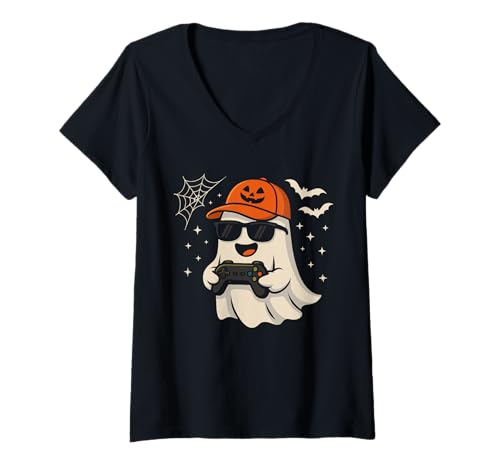 Damen Halloween Ghost Gamer Lustiges Kostüm Gaming Herren Jungen Kinder T-Shirt mit V-Ausschnitt Damen Halloween Ghost Gamer Lustiges Kostüm Gaming Herren Jungen Kinder T-Shirt mit V-Ausschnitt von Halloween Ghost Gamer Spooky Men Kids Apparel
