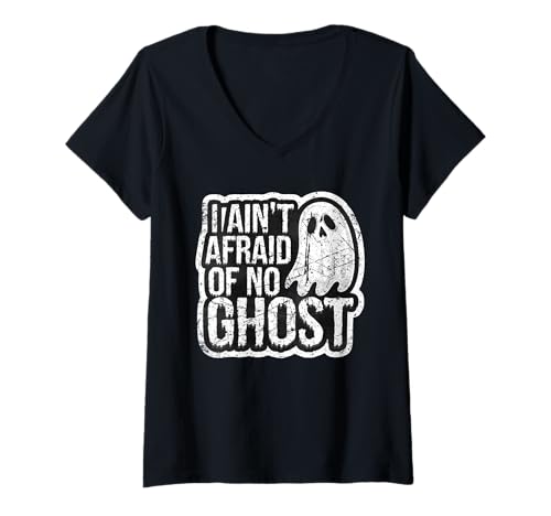 Damen Lustiges Halloween im Retro-Look „I Ain't Afraid of No Ghost“ T-Shirt mit V-Ausschnitt von Halloween Ghost Gifts For Supernatural Lovers