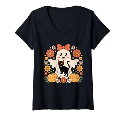 Damen Halloween-Geist im Vintage-Stil mit schwarzer Katze, grooviges Blumenmuster T-Shirt mit V-Ausschnitt Damen Halloween-Geist im Vintage-Stil mit schwarzer Katze, grooviges Blumenmuster T-Shirt mit V-Ausschnitt von Halloween Ghost Holding Cat Groovy Floral Tee