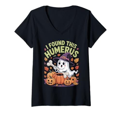 Damen Ich Habe diesen Humerus Ghost gefunden, EIN süßes lustiges gruseliges Halloween-Wortspiel T-Shirt mit V-Ausschnitt Damen Ich Habe diesen Humerus Ghost gefunden, EIN süßes lustiges gruseliges Halloween-Wortspiel T-Shirt mit V-Ausschnitt von Halloween Ghost I Found This Humerus Spooky Tees