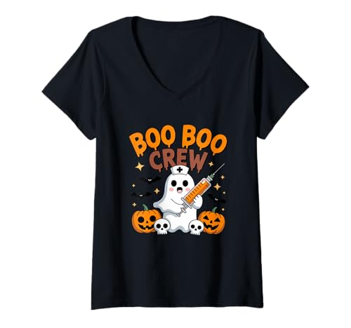 Damen Boo Boo Crew Ghost Nurse Halloween-Spaß T-Shirt mit V-Ausschnitt Damen Boo Boo Crew Ghost Nurse Halloween-Spaß T-Shirt mit V-Ausschnitt von Halloween Ghost Nurse Pumpkin Fun For All