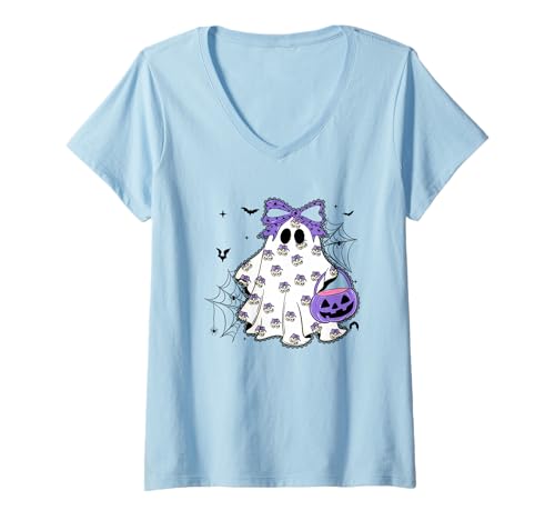 Damen Gruseliger süßer Geist mit lila Schleife Halloween T-Shirt mit V-Ausschnitt Damen Gruseliger süßer Geist mit lila Schleife Halloween T-Shirt mit V-Ausschnitt von Halloween Ghost Pattern Spooky Cute Design