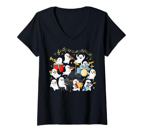 Damen Halloween Musiklehrer Geist spielt Musikinstrumente T-Shirt mit V-Ausschnitt von Halloween Ghost Playing Musical Instruments Outfit