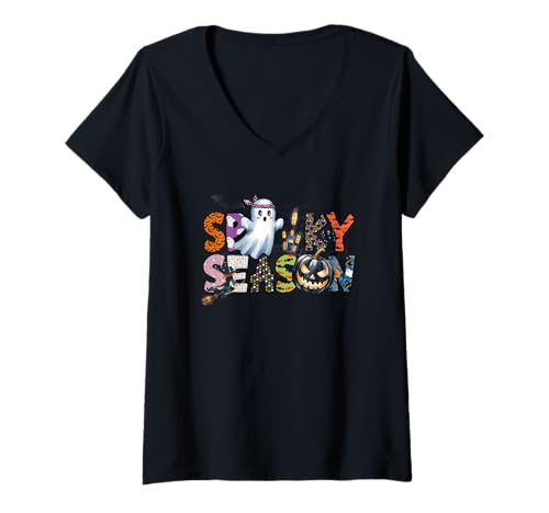 Damen Genieße die gruselige Jahreszeit mit Geistern T-Shirt mit V-Ausschnitt Damen Genieße die gruselige Jahreszeit mit Geistern T-Shirt mit V-Ausschnitt von Halloween Ghost Pumpkin Bat Haunted Fun