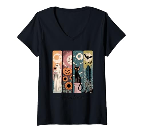 Damen Spooky Season Ghost Pumpkin Cat Fledermäuse T-Shirt mit V-Ausschnitt Damen Spooky Season Ghost Pumpkin Cat Fledermäuse T-Shirt mit V-Ausschnitt von Halloween Ghost Pumpkin Cat Bats Moon