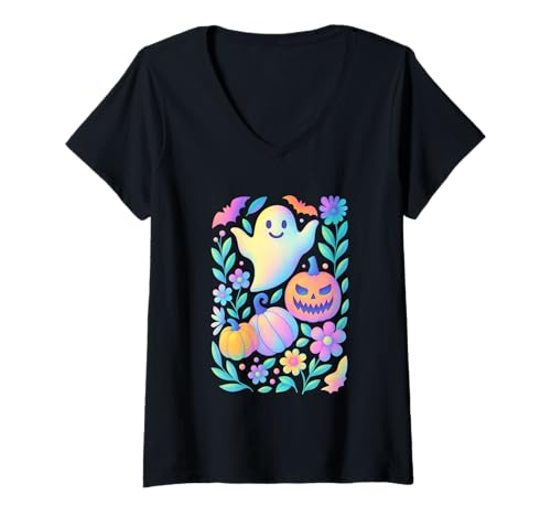 Damen Happy Ghost Kürbis Halloween Vibes Art T-Shirt mit V-Ausschnitt Damen Happy Ghost Kürbis Halloween Vibes Art T-Shirt mit V-Ausschnitt von Halloween Ghost Pumpkin Floral Fun
