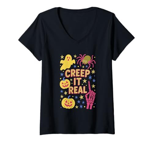 Damen Creep It Real Ghost Pumpkin Skelett T-Shirt mit V-Ausschnitt Damen Creep It Real Ghost Pumpkin Skelett T-Shirt mit V-Ausschnitt von Halloween Ghost Pumpkin Spider Fun