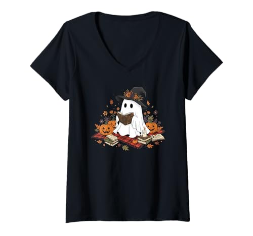 Damen Halloween-Geisterlesung, Kürbishexe, Herbstbuchzauber T-Shirt mit V-Ausschnitt Damen Halloween-Geisterlesung, Kürbishexe, Herbstbuchzauber T-Shirt mit V-Ausschnitt von Halloween Ghost Pumpkin Witch Autumn Aesthetic