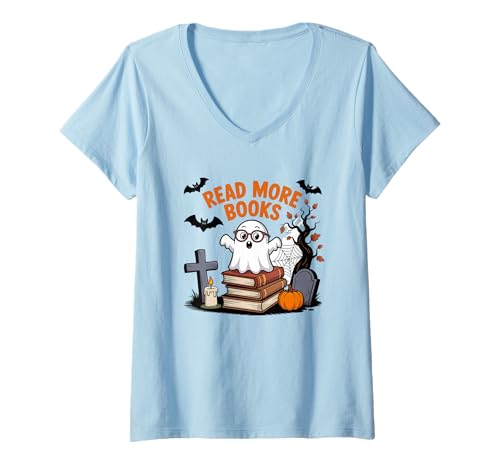 Damen Lesen Sie mehr Bücher Halloween Ghost Fun Spooky Thema T-Shirt mit V-Ausschnitt Damen Lesen Sie mehr Bücher Halloween Ghost Fun Spooky Thema T-Shirt mit V-Ausschnitt von Halloween Ghost Reading Book Lovers Autumn Fun