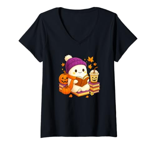 Damen Ghost Reading Book Halloween Coffee Spooky Autumn Fall T-Shirt mit V-Ausschnitt Damen Ghost Reading Book Halloween Coffee Spooky Autumn Fall T-Shirt mit V-Ausschnitt von Halloween Ghost Reading Book Novelty Tops ...