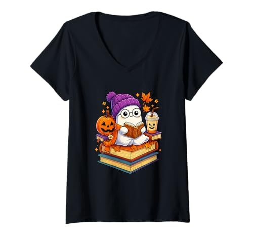 Damen Ghost Reading Book Halloween Coffee Spooky Autumn Fall T-Shirt mit V-Ausschnitt Damen Ghost Reading Book Halloween Coffee Spooky Autumn Fall T-Shirt mit V-Ausschnitt von Halloween Ghost Reading Book Novelty Tops ...