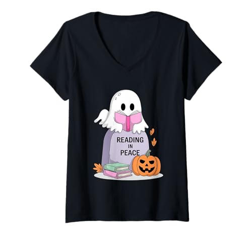 Damen Reading In Peace Ghost Tombstone Bücher T-Shirt mit V-Ausschnitt Damen Reading In Peace Ghost Tombstone Bücher T-Shirt mit V-Ausschnitt von Halloween Ghost Reading Books Spooky