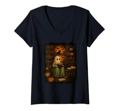 Damen Geisterlesen mit Katzen in Spukbibliothek T-Shirt mit V-Ausschnitt Damen Geisterlesen mit Katzen in Spukbibliothek T-Shirt mit V-Ausschnitt von Halloween Ghost Reading Cats Library Bookshelf