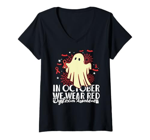 Damen Im Oktober tragen wir Red Legasthenie Awareness Ghost Halloween T-Shirt mit V-Ausschnitt Damen Im Oktober tragen wir Red Legasthenie Awareness Ghost Halloween T-Shirt mit V-Ausschnitt von Halloween Ghost Red Dyslexia Awareness Month