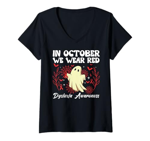 Damen Im Oktober tragen wir Red Legasthenie Awareness Halloween Ghost T-Shirt mit V-Ausschnitt Damen Im Oktober tragen wir Red Legasthenie Awareness Halloween Ghost T-Shirt mit V-Ausschnitt von Halloween Ghost Red Dyslexia Awareness Month