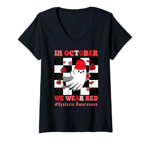 Damen Im Oktober tragen wir Red Legasthenie Awareness Pumpkin Ghost T-Shirt mit V-Ausschnitt Damen Im Oktober tragen wir Red Legasthenie Awareness Pumpkin Ghost T-Shirt mit V-Ausschnitt von Halloween Ghost Red Dyslexia Awareness Month