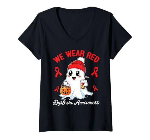 Damen We Wear Red Legasthenie Awareness Cute Halloween Ghost T-Shirt mit V-Ausschnitt Damen We Wear Red Legasthenie Awareness Cute Halloween Ghost T-Shirt mit V-Ausschnitt von Halloween Ghost Red Dyslexia Awareness Month
