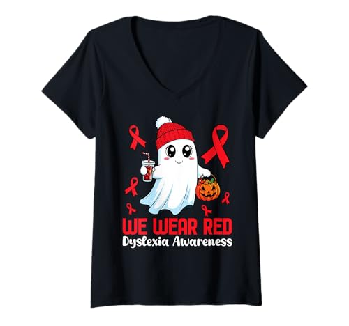 Damen We Wear Red Legasthenie Awareness Halloween Ghost Cute T-Shirt mit V-Ausschnitt Damen We Wear Red Legasthenie Awareness Halloween Ghost Cute T-Shirt mit V-Ausschnitt von Halloween Ghost Red Dyslexia Awareness Month