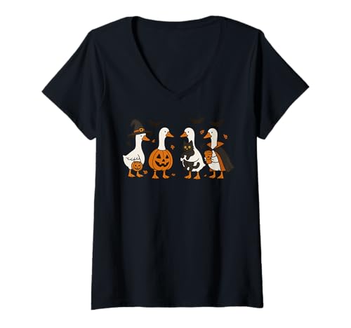 Damen Halloween Goose Lustiges Halloween T-Shirt mit V-Ausschnitt von Halloween Ghost Spooky Pumpkin Costume Fall