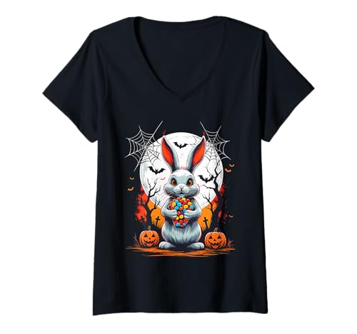 Damen Cute Ghost Bunny with Candy Spooky Ghost Halloween Costume T-Shirt mit V-Ausschnitt Damen Cute Ghost Bunny with Candy Spooky Ghost Halloween Costume T-Shirt mit V-Ausschnitt von Halloween Ghost Spooky Pumpkins By GnineZa