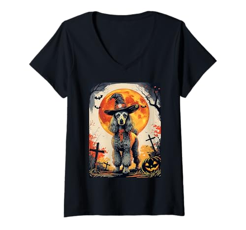 Damen Cute Poodle Dog Witch Spooky Ghost Halloween Costume T-Shirt mit V-Ausschnitt Damen Cute Poodle Dog Witch Spooky Ghost Halloween Costume T-Shirt mit V-Ausschnitt von Halloween Ghost Spooky Pumpkins By GnineZa