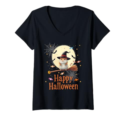 Damen Funny Hamster Witch Candy Spooky Ghost Halloween Costume T-Shirt mit V-Ausschnitt Damen Funny Hamster Witch Candy Spooky Ghost Halloween Costume T-Shirt mit V-Ausschnitt von Halloween Ghost Spooky Pumpkins By GnineZa