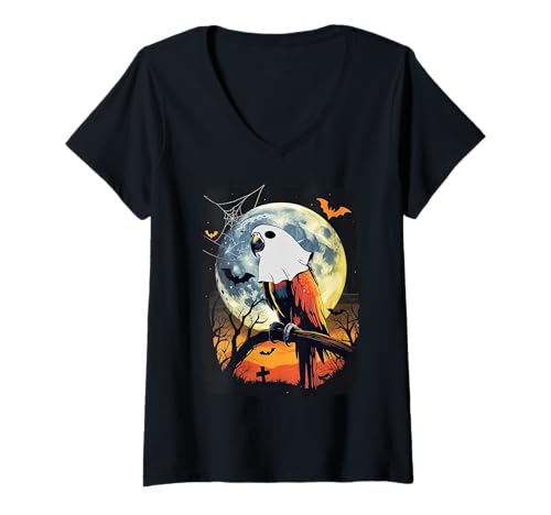 Damen Funny Parrot Ghost Lovers Spooky Halloween Animals Costume T-Shirt mit V-Ausschnitt Damen Funny Parrot Ghost Lovers Spooky Halloween Animals Costume T-Shirt mit V-Ausschnitt von Halloween Ghost Spooky Pumpkins By GnineZa