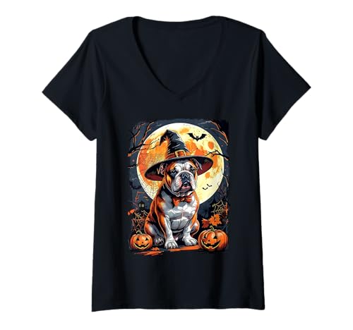 Damen Funny Witch Bulldog Pumpkins Halloween Ghost Spooky Lover T-Shirt mit V-Ausschnitt Damen Funny Witch Bulldog Pumpkins Halloween Ghost Spooky Lover T-Shirt mit V-Ausschnitt von Halloween Ghost Spooky Pumpkins By GnineZa